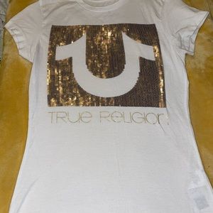 White and gold true religion top